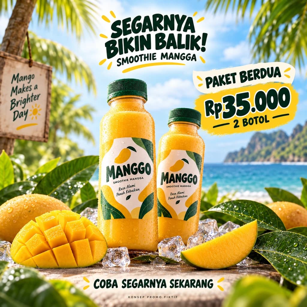 Poster awal: judul kecil di tengah atas, foto produk di tengah, dan info promo di kanan atas.