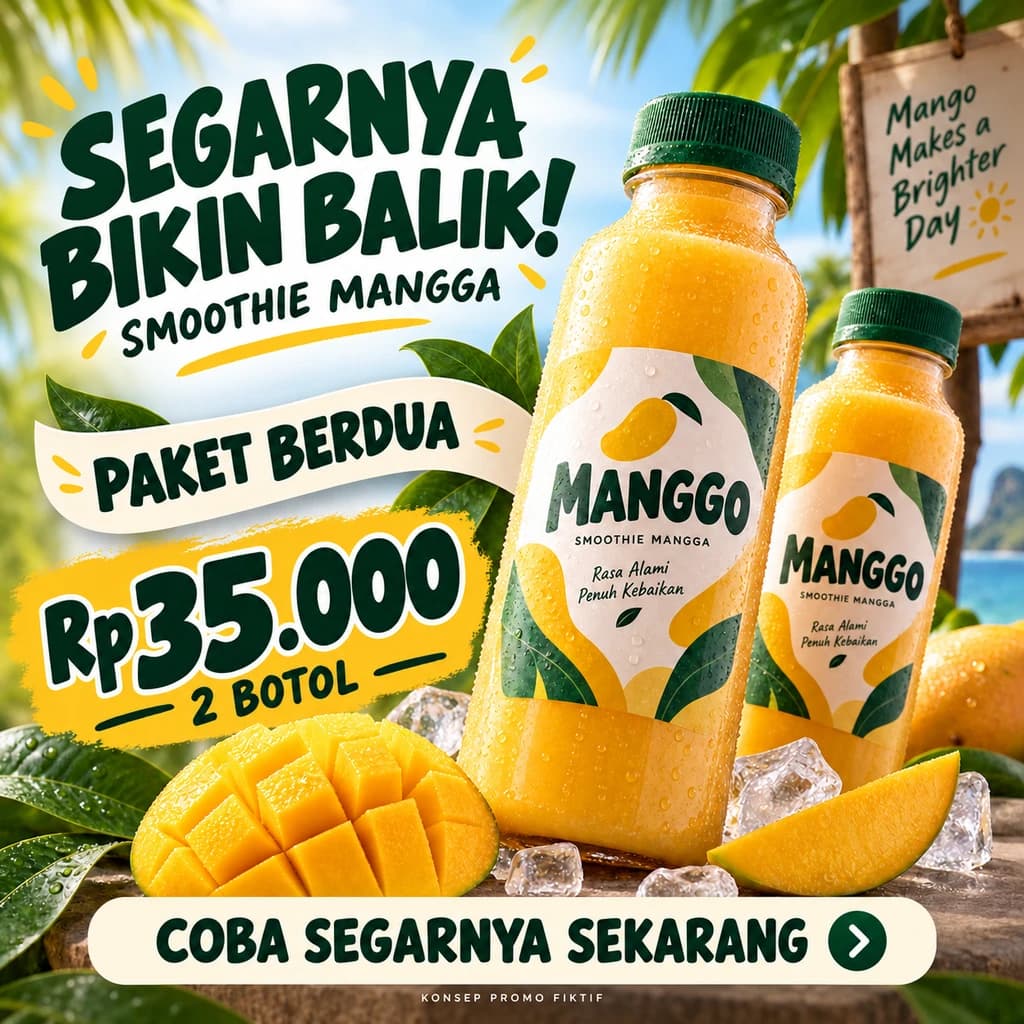 Poster revisi: judul besar di kiri atas, foto produk diperbesar di kanan, dan info promo ditonjolkan di kiri. Produk dan harga tetap sama.